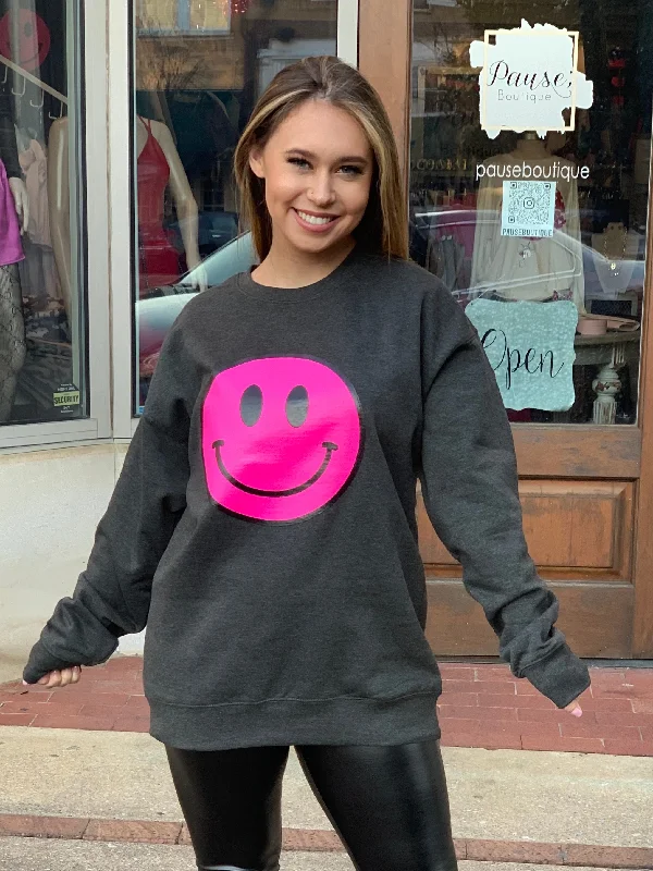 Hot pink Smiley Face Sweatshirt Hoodie with Hem Drawcord Adjustable Customizable