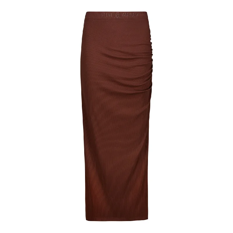 LAYLA BROWN CHOCOLATE HIGH WAISTED RIB BODYCON MIDI SKIRT WITH TWIST seamless skirt comfort