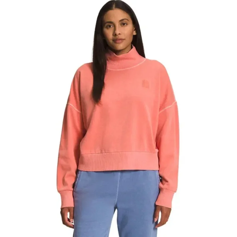 THE NORTH FACE Womens Garment Dyed Mock Neck Sweatshirt Large Coral Sunrise Hoodie with Hem Frayed Vintage Worn THE NORTH FACE Womens Garment Dyed Mock Neck Sweatshirt Large Coral Sunrise Hoodie with Hem Frayed Vintage Worn