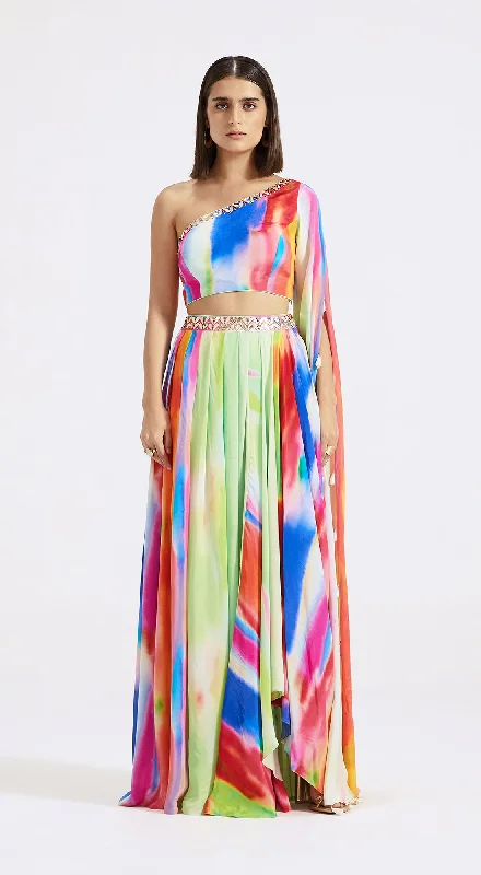 Multicolored One-Shoulder Top & Skirt Set cashmere skirt fine