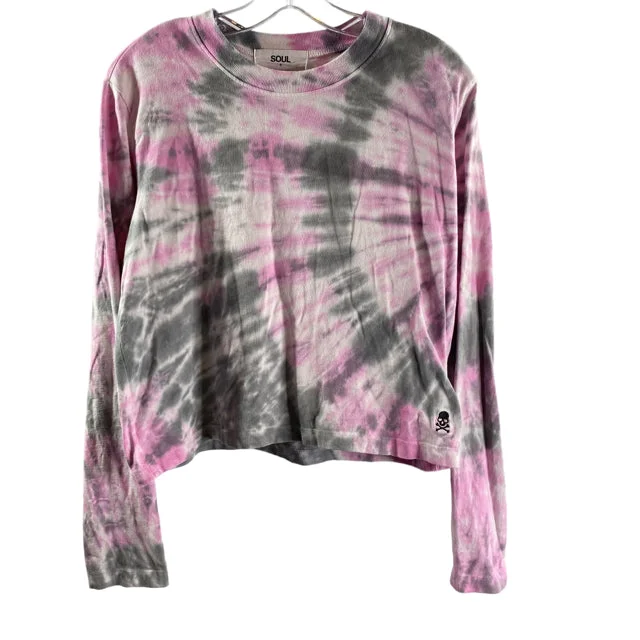 SOUL Size SMALL Pink/Gray Tie-Dye Long Sleeve Sweatshirt TOP Hoodie with Hem Embroidery Detailed Premium SOUL Size SMALL Pink/Gray Tie-Dye Long Sleeve Sweatshirt TOP Hoodie with Hem Embroidery Detailed Premium