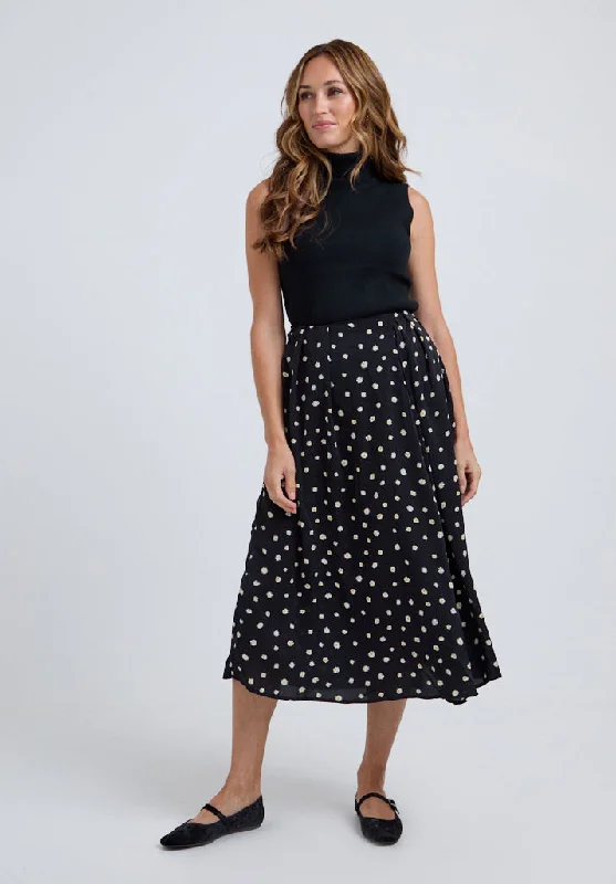 Mila Side Slit Daisy Print Midi Skirt In Black slim fit skirt