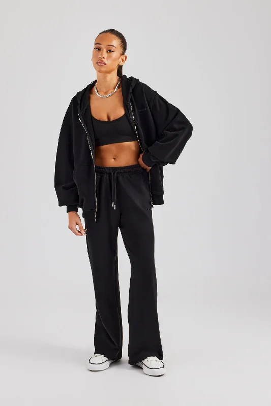 Womens Zip Through Hoodie and Jogger Set - Black Hooded Sweatshirt Casual Wear Street Style Womens Zip Through Hoodie and Jogger Set - Black Hooded Sweatshirt Casual Wear Street Style
