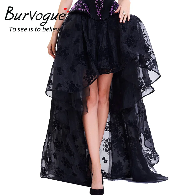 Burvogue Long Maxi Steampunk Elastic Skirts Women Black Fluffy Tulle Skirt Ruffled Chiffon Lace Midi Gothic Sexy Corset Skirt wool skirt sturdy
