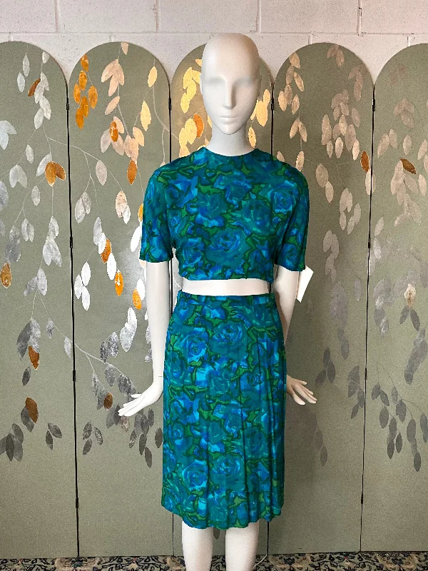 Vintage 1960s Blue Green Abstract Floral Skirt Set, XS breathable skirt fabric