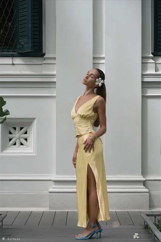 Edie Satin Midi Skirt With Tie - Yellow linen skirt natural