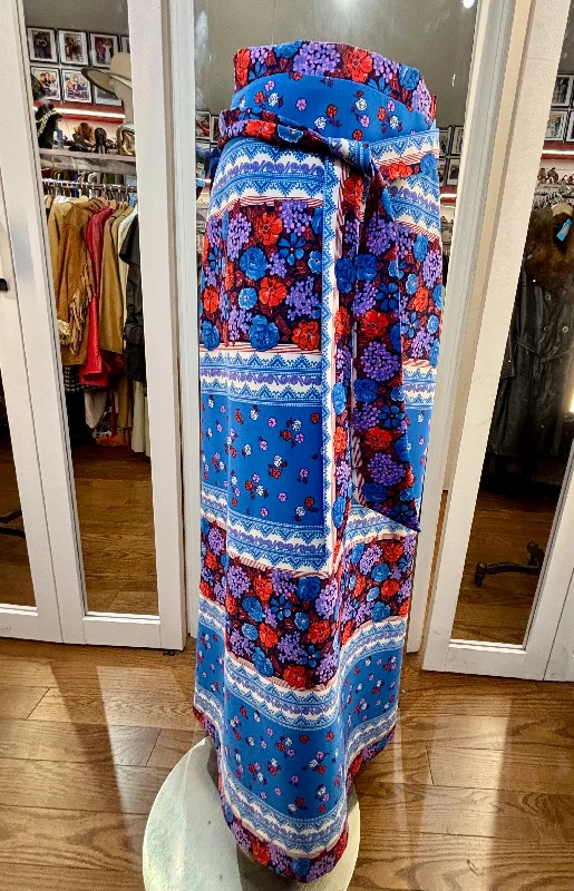 70’s Blue Multicolor Floral Maxi Skirt silk skirt lustrous