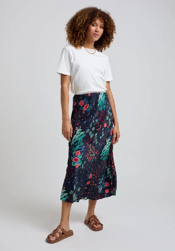 Ivy Bias Cut Wonderland Print Midi Skirt In Black denim skirt durable