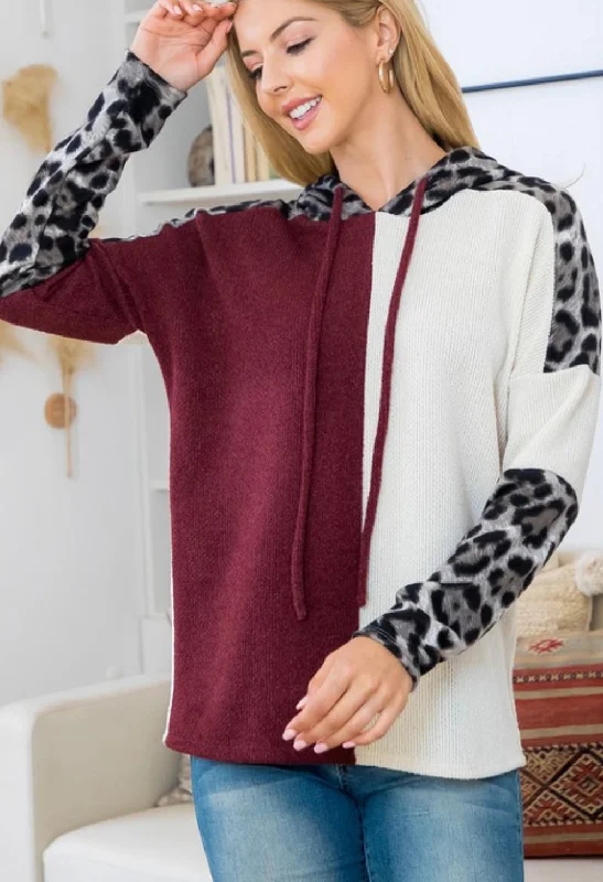 Leopard Sleeves with Two Toned Contrast Hoodie Hoodie with Batwing Sleeves Loose Dramatic Leopard Sleeves with Two Toned Contrast Hoodie Hoodie with Batwing Sleeves Loose Dramatic