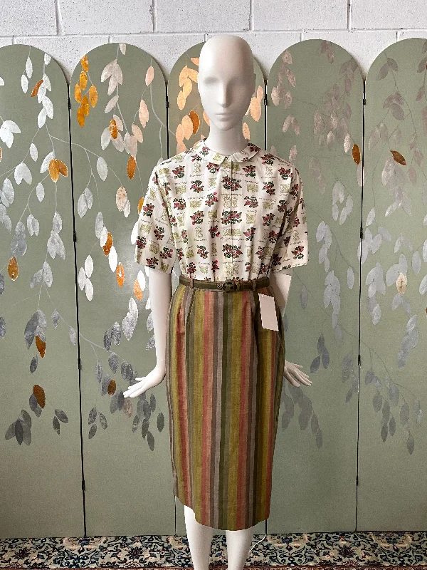 Vintage 1960s Koret Green Red Striped Pencil Skirt, XS ribbed skirt waist