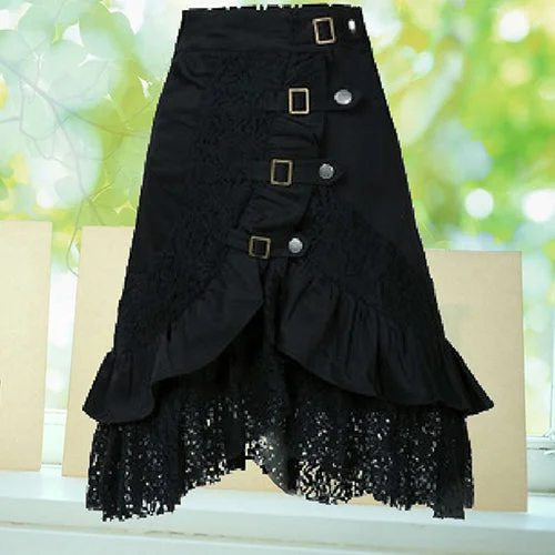 Women's Steampunk Gothic Style Black Lace Splicing Metal Button Buckle Skirt wool skirt thick