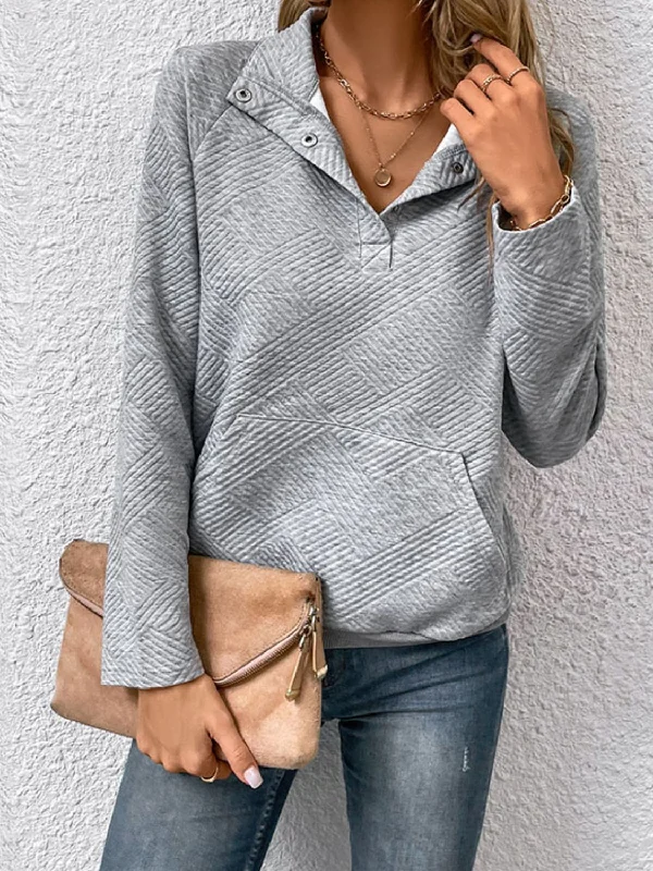 Raglan Sleeve Collared Neck Sweatshirt with Pocket Hoodie with Hem Elastic Stretchable Comfortable