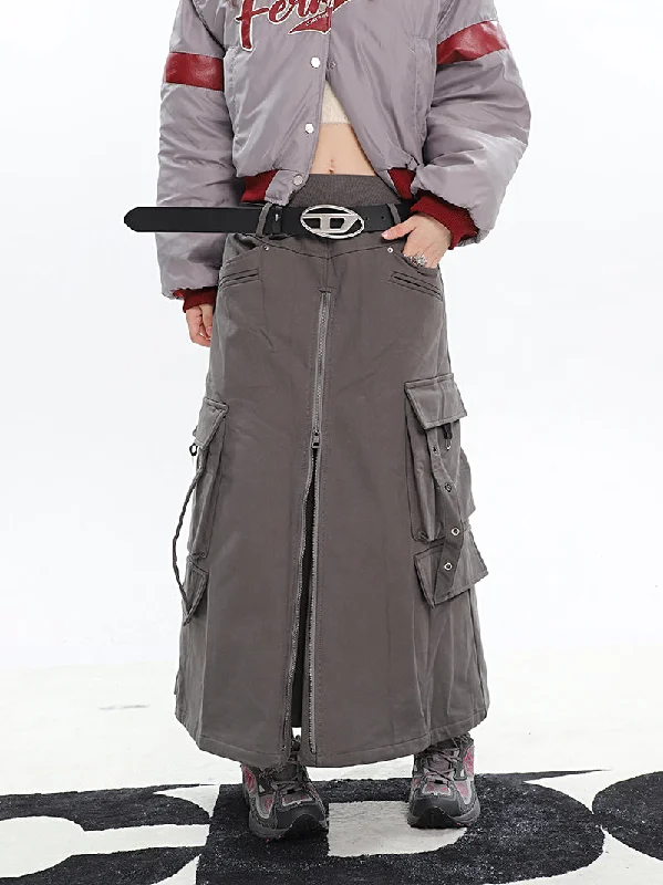 Brianna Solid Color Dark Grey Front Slit Zil Up Cargo Baggy Long Skirt cashmere skirt fine