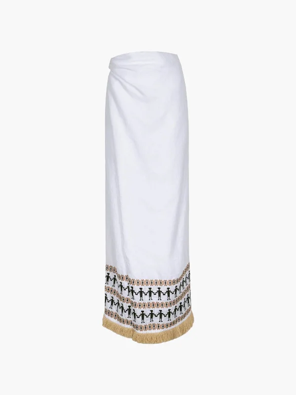 Guainia Linen Midi Skirt | White Embroidered silk skirt smooth