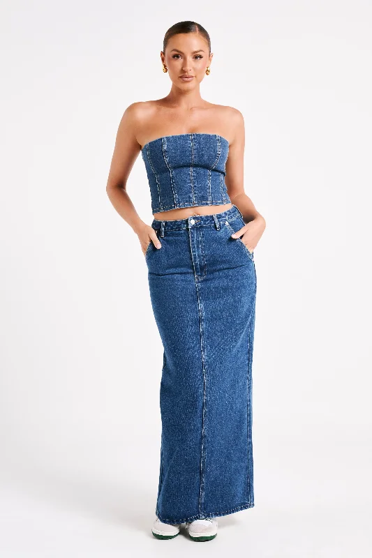 Illona Denim Maxi Skirt - Dark Blue chiffon skirt flowing