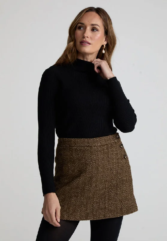 Harriet Flared Tweed Mini Skirt In Khaki high waist skirt