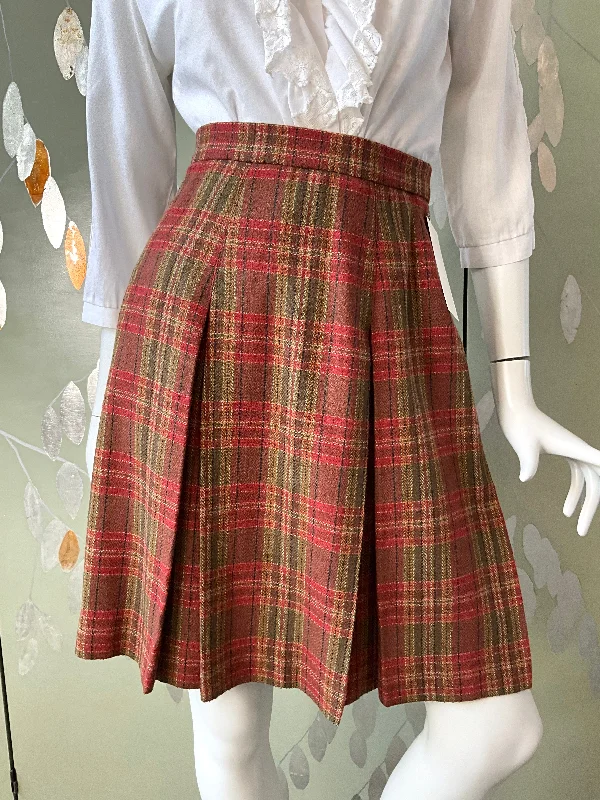 Vintage 1960s Red Green Plaid Wool Pleated Skirt, XS low waist skirt
