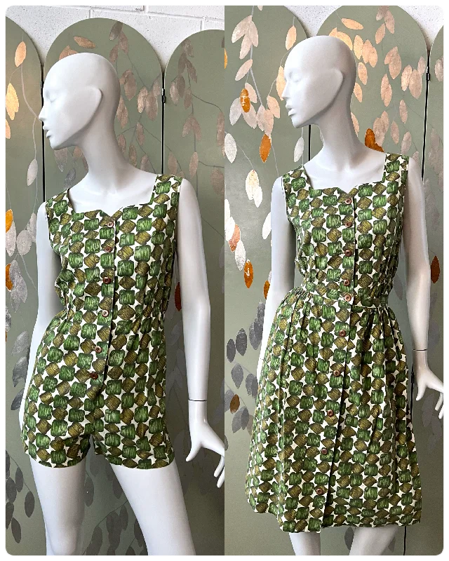 Vintage 1960s Green Cotton Abstract Print Playsuit and Skirt Set, XS mini skirt trendy
