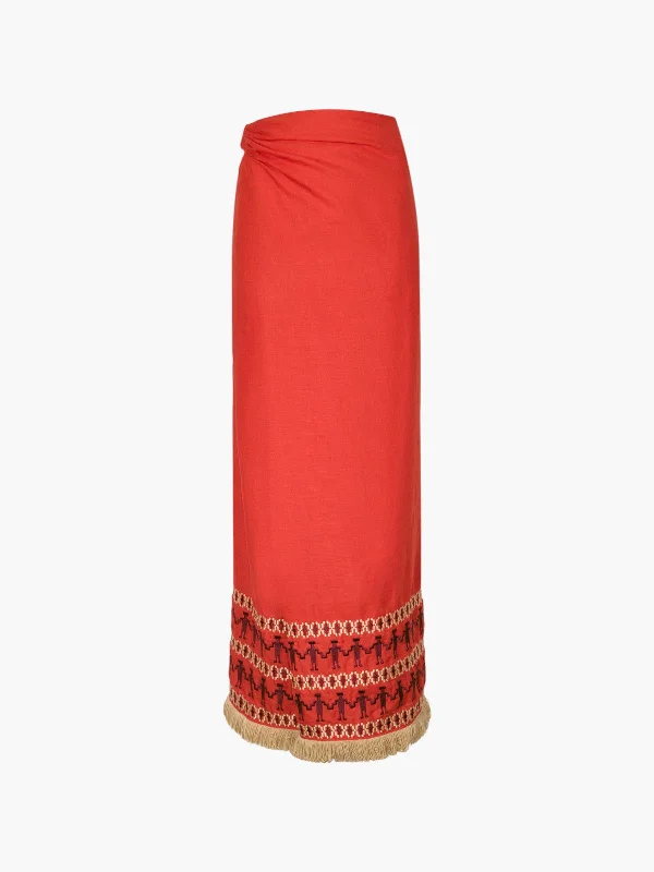 Guainia Linen Midi Skirt | Red Embroidered lace skirt elegant