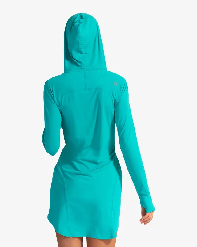 BloqUV: Women's UPF 50 Hoodie Dress (2009) - Caribbean Blue Hoodie with Metallic Shiny Futuristic BloqUV: Women's UPF 50 Hoodie Dress (2009) - Caribbean Blue Hoodie with Metallic Shiny Futuristic