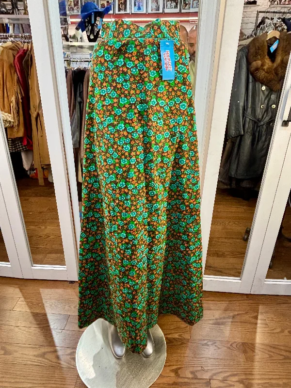 70’s Green Small Flower Print Maxi Skirt corduroy skirt textured