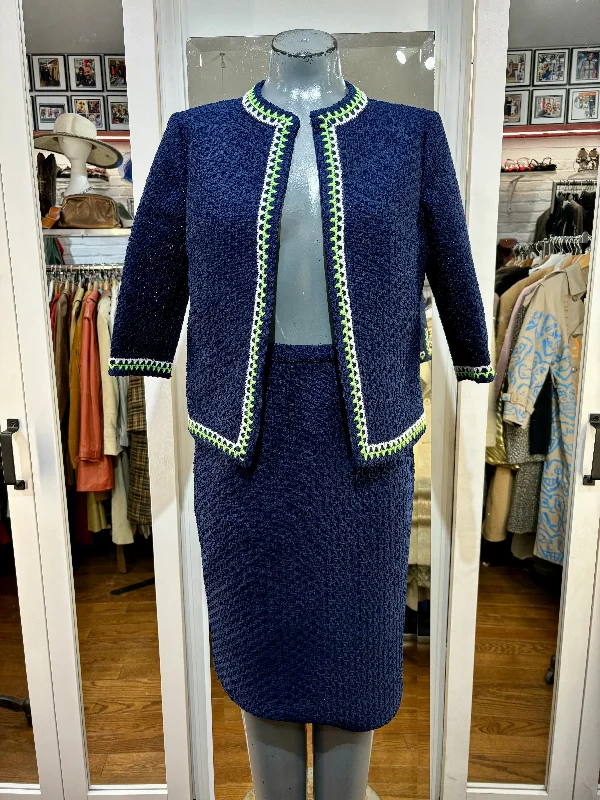 60’s Navy With Green & Beige Trim 2 Piece Skirt Set By Butte Knit cashmere skirt plush
