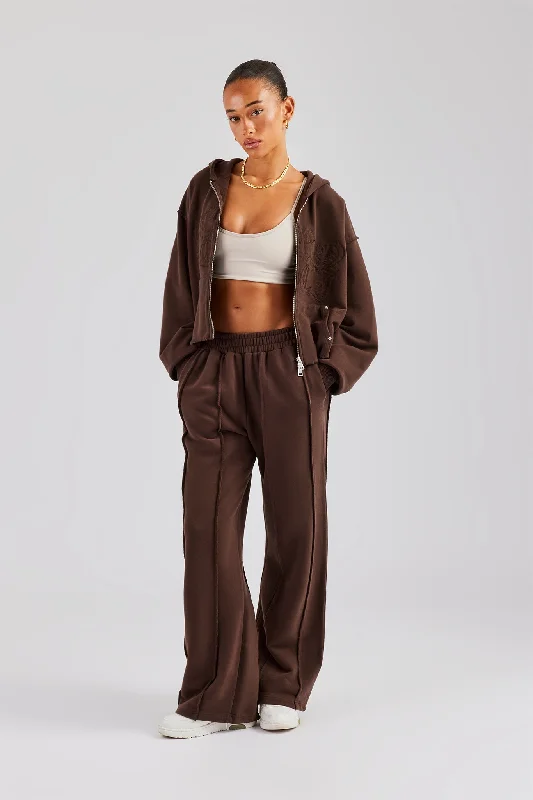 Raw Edge Zip Through Hoodie and Jogger Set - Chocolate Hoodie Jacket Zipper Layering Raw Edge Zip Through Hoodie and Jogger Set - Chocolate Hoodie Jacket Zipper Layering