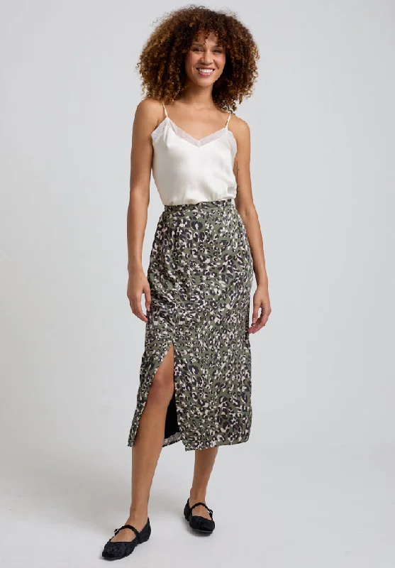 Grace Side Slit Khaki Cat Print Midi Skirt In Green vintage skirt charm