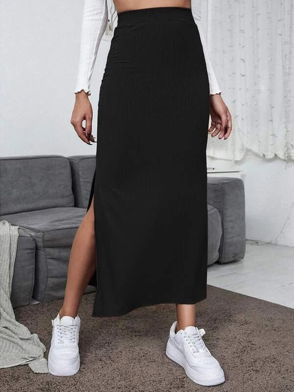 Shein - Knee-High Waist Split Skirt velvet skirt luxurious