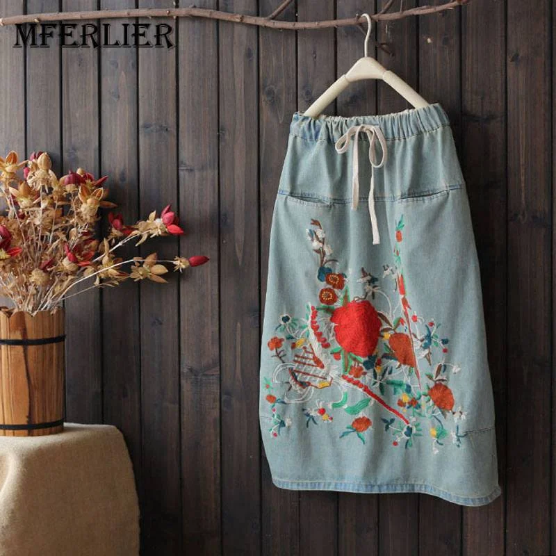 Mferlier Mori Girl Summer Embroidery Denim Skirts Bow Elastic Waist Pocket Artsy Vintage All Match Womens Skirts denim skirt casual