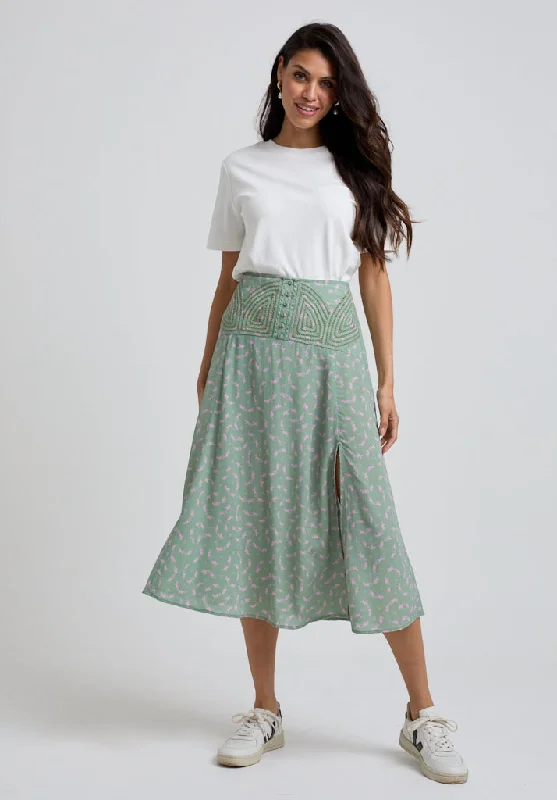 Aria Cutwork Detail Dove Print Midi Skirt In Green leather skirt sleek