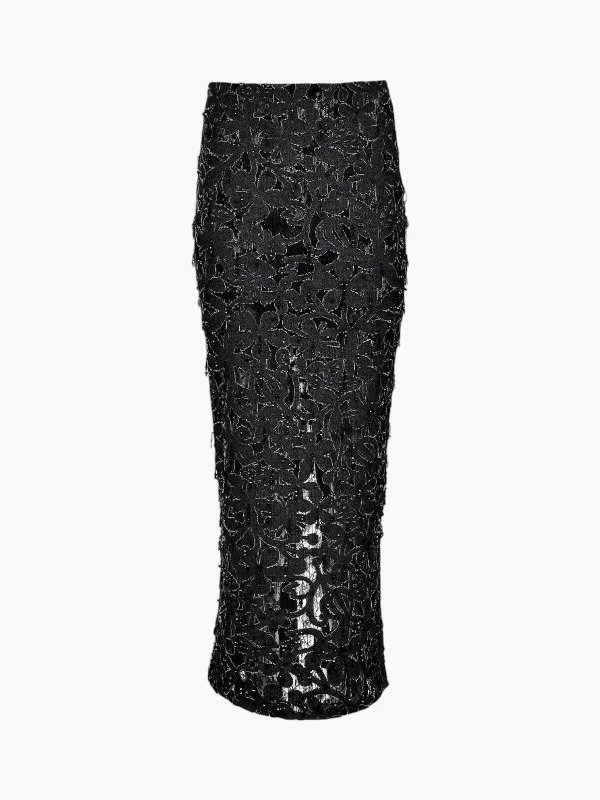 Chloe Maxi Lace Denim Skirt | Black velvet skirt glossy