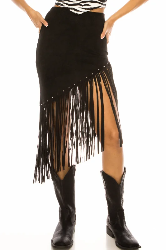 BLACK SUEDE FRINGE STUDDED MIDI SKIRT chiffon skirt floaty