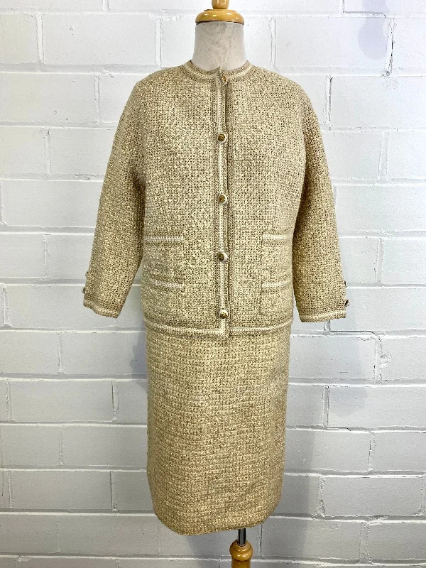 Vintage Deadstock 1960s French Designer Knit Wool 2-Piece Skirt Suit, Small patchwork skirt art