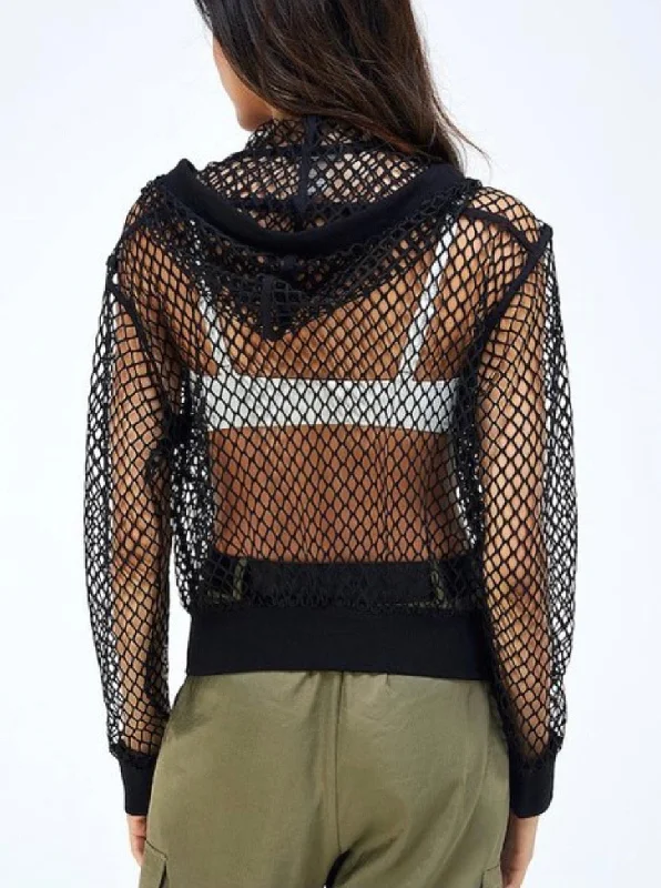 Fish net zip up hoodie Hoodie Dress Longline Feminine
