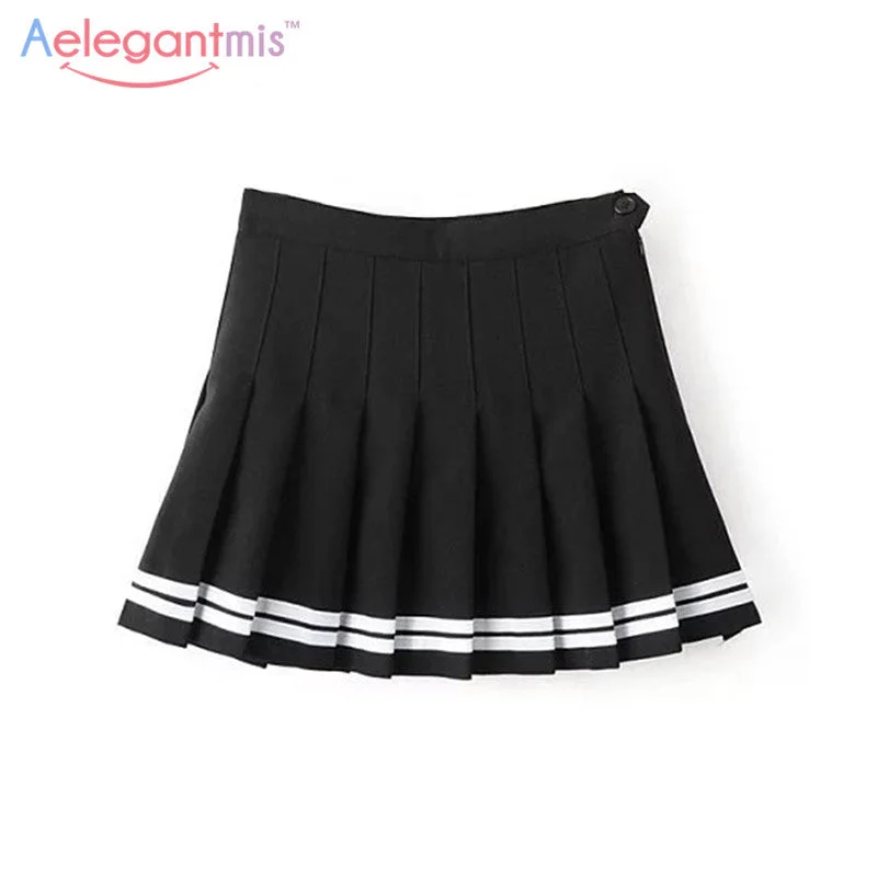Aelegantmis Sweet Pleated Skirt Women Preppy Style Mini High Waist Skirt Girls Vintage Black White Cute School Uniforms Skirts lace skirt feminine
