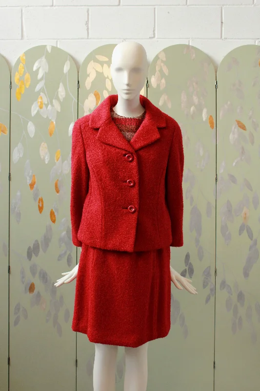 Vintage 1960s 3 Piece Red and Orange Mod Skirt Suit Set, XS linen skirt natural