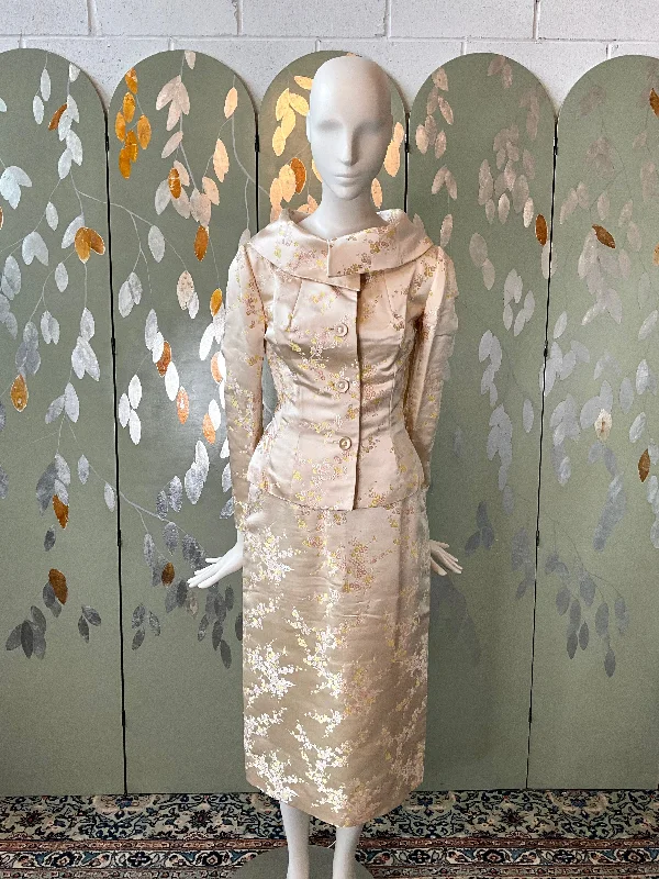 Vintage 1960s Yellow Satin Brocade Skirt Suit, XS lightweight skirt design