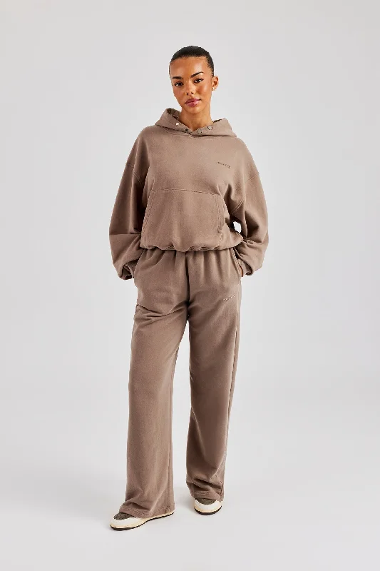 Cernucci Boxy Hoodie & Wide Leg Jogger - Taupe Hoodie with Hem Patch Decorative Personalized Cernucci Boxy Hoodie & Wide Leg Jogger - Taupe Hoodie with Hem Patch Decorative Personalized