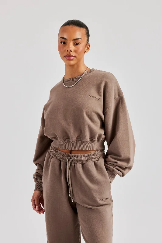 Cernucci Cropped Sweatshirt - Taupe Hoodie with Hem Lace Feminine Delicate