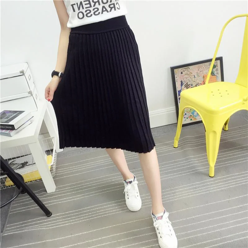 Women's Cute Pleated Korean Midi Skirt 2016 Autumn Winter Casual High Waist Stretchy Knitted Cotton Wool Slim Black Skirts SK104 wool skirt warm