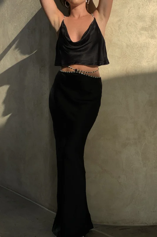 Havva Diamante Trim Maxi Skirt - Black lace skirt elegant