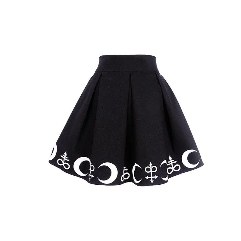 Harajuku Punk Rock Gothic Summer Women Skirt Moon Print Hight Waist Mini Skirt Pleated Tutu Skirt cashmere skirt rich