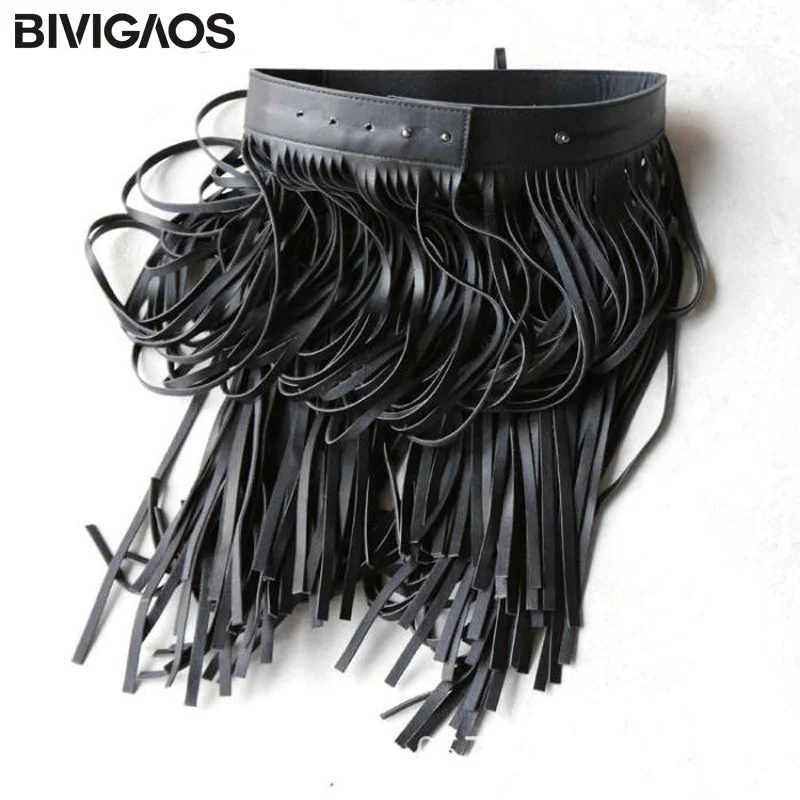 BIVIGAOS Womens PU Leather Girdle Long Skirt Tassel Belt Skirts Female Wild Gypsy Style Skirts Adjustable Faldas Largas Saias silk skirt luxurious