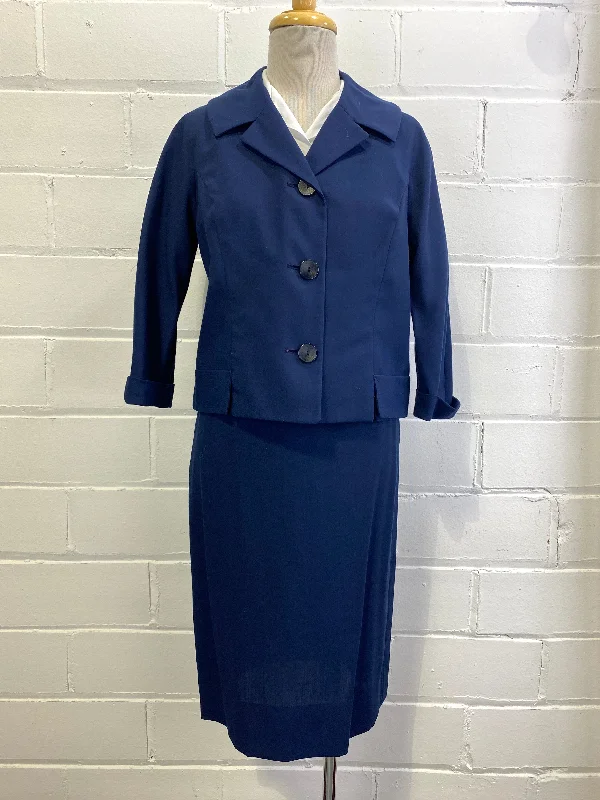 Vintage 1960s 2-Piece Navy Skirt Suit, Small asymmetrical skirt cut