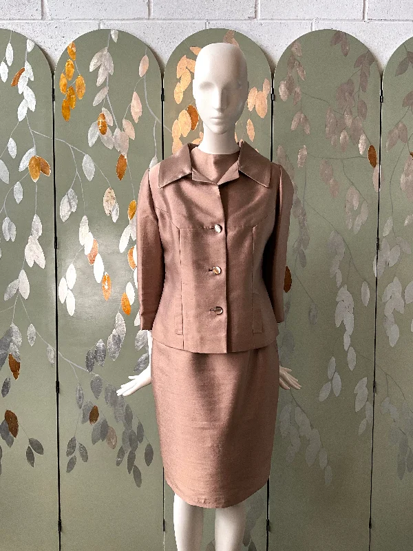 Vintage 1960s Beige Silk 3-PC Skirt Suit, Small high waist skirt