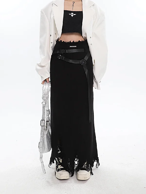 Deja Solid Color High Waist Long Straight Distressed Belt Strap Long Skirt leather skirt modern