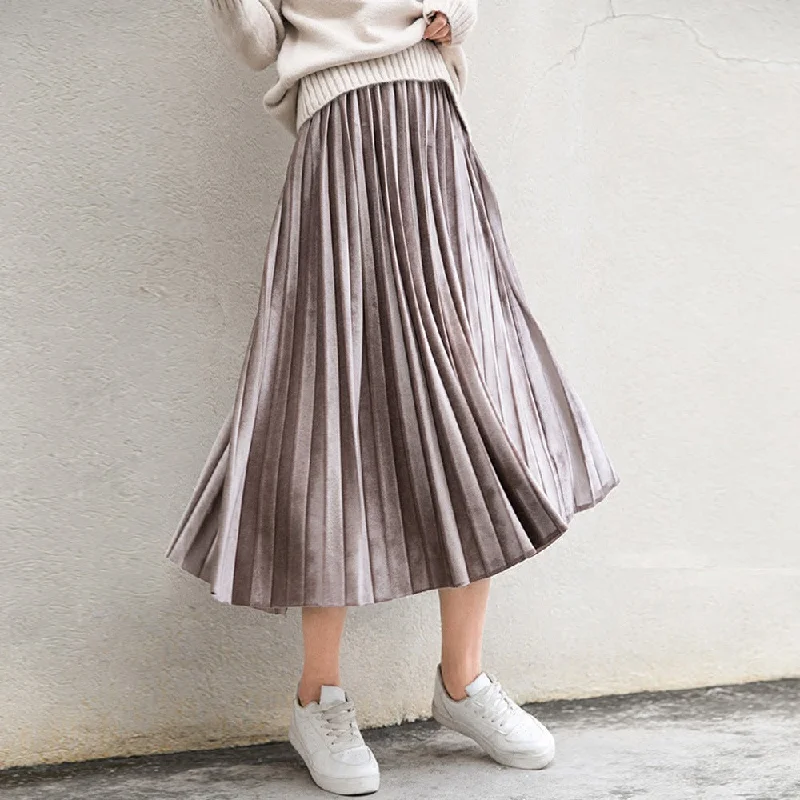 Spring 2018 Women Long Metallic Silver Maxi Pleated Skirt Midi Skirt High Waist Elascity Casual Party Skirt denim skirt stylish