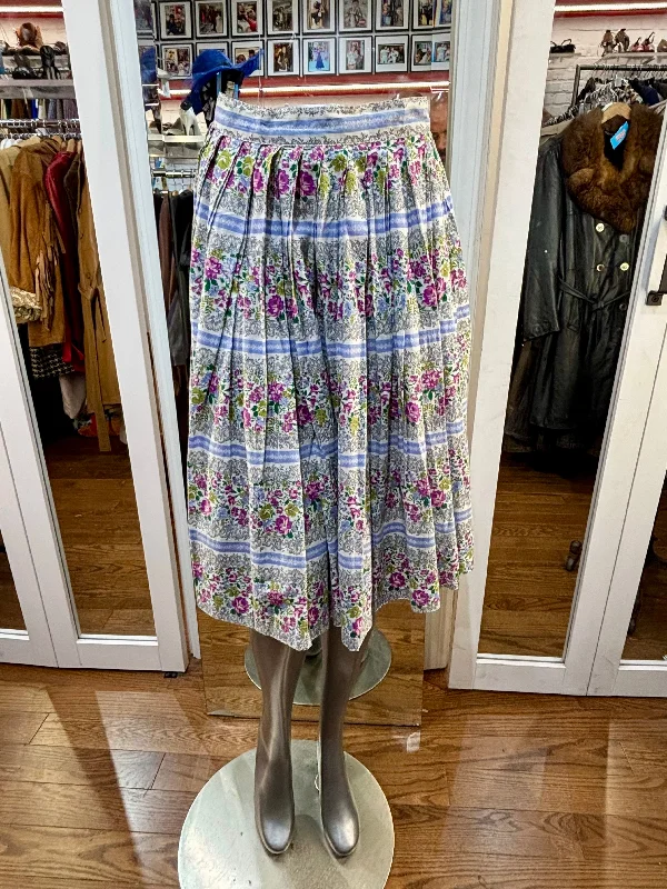 60’s Blue & Green Garden Flower Print Full Skirt silk skirt luxurious
