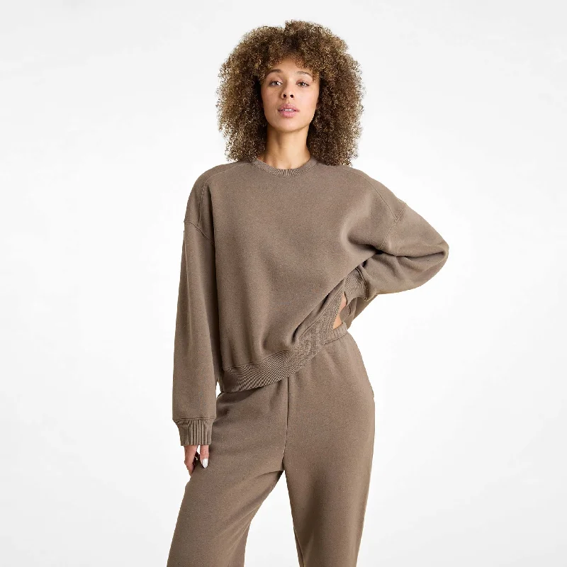 Classic Crewneck Sweatshirt | Mocha Hoodie with Distressed Vintage Worn